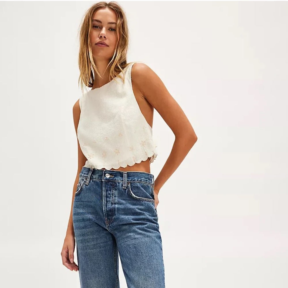 Free People white floral embroidered tie back tank top